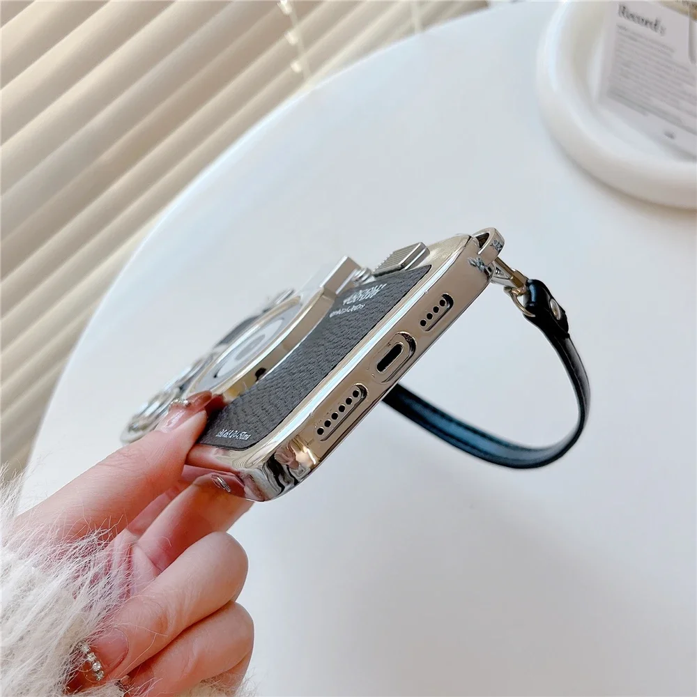 Luxury Retro Stereo Camera Hand Lanyard Phone Case with Leather Pattern