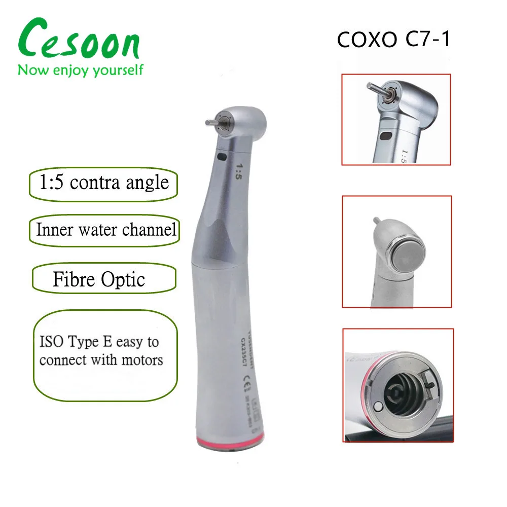 

Dental Low Speed Handpiece 1:5 Increasing Fiber Optic LED Contra Angle Internal Water Spray Dentistry Electric Motor COXO CX235