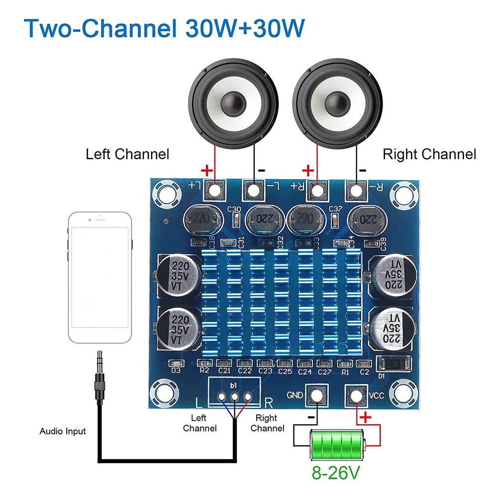 디지털 스테레오 오디오 파워 앰프 보드, TPA3110 XH-A232, 30W + 30W, 2.0 채널, DC 8-26V 3A, 5 개
