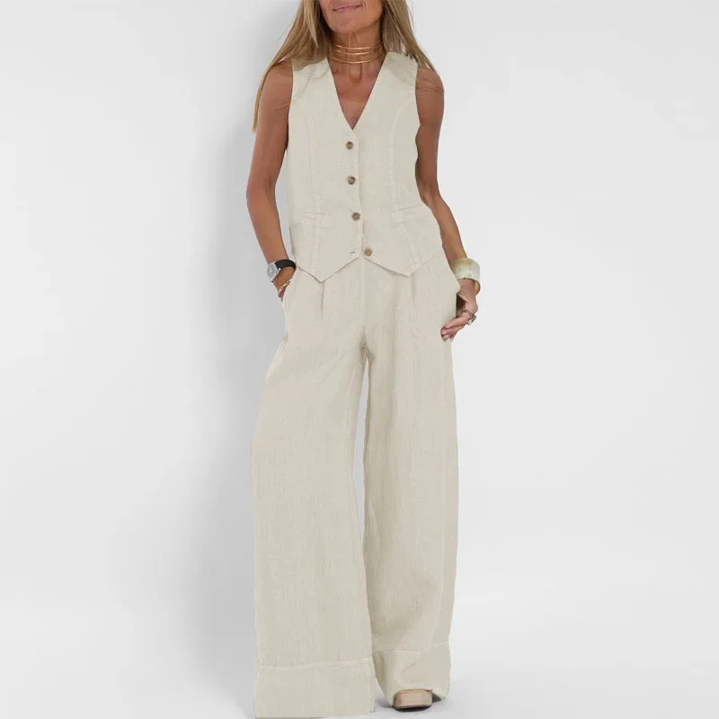 

New Hot Selling Fashion Waistcoat Trousers Wide Leg Trousers Cotton Linen Set Women Leisure Commuter Temperament Trousers Set