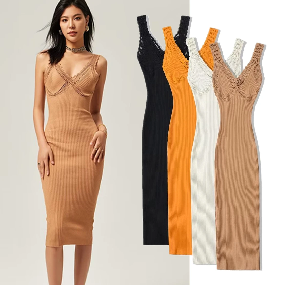 

Jenny&Dave 2024 French Retro Sexy Lace Stitching Sling Knit Tank Dress Summer Solid Color Elegant Slim Party Dress