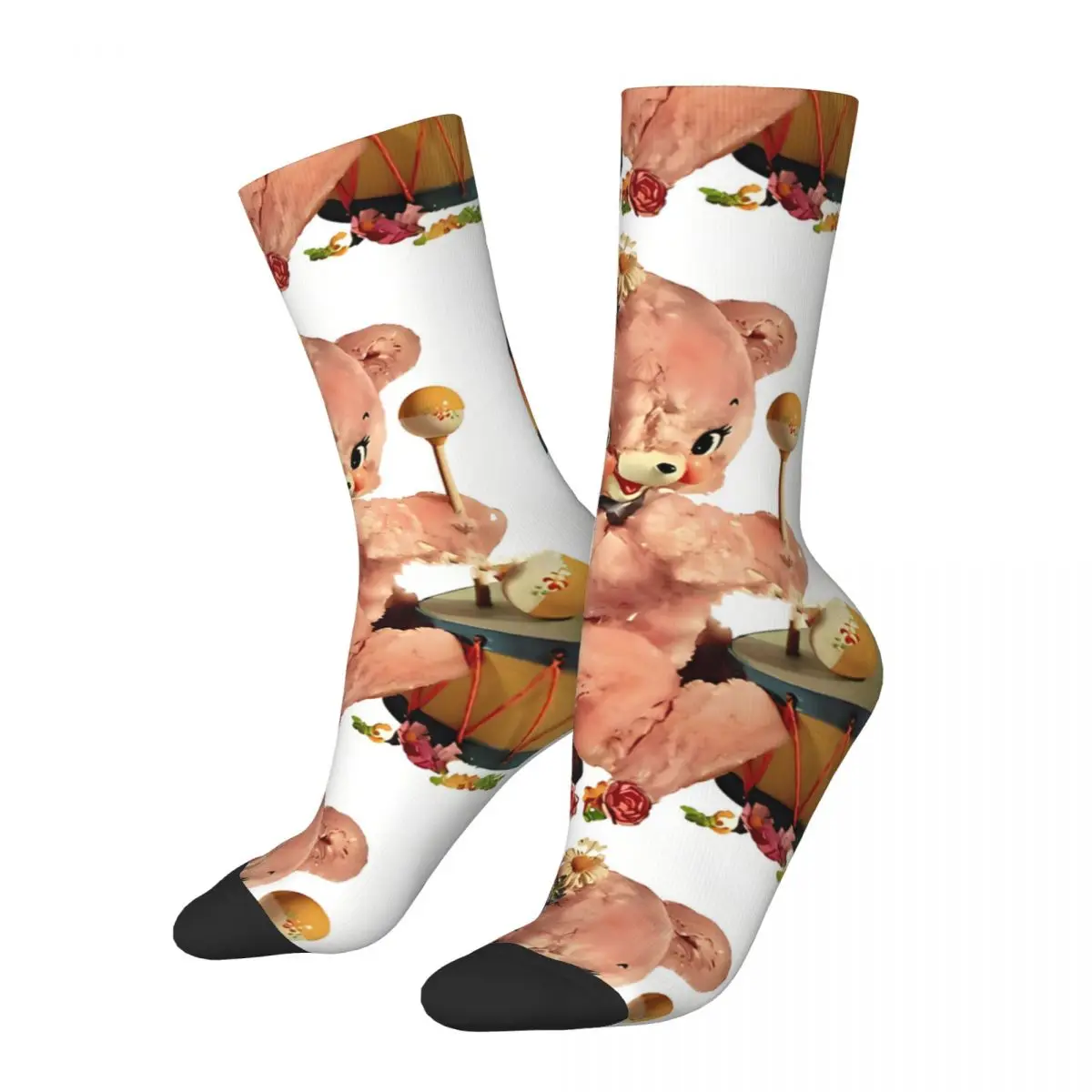 

Pink Bear Playing Drums Vintage Kitsch Transfer Teddy Bear Kawaii Socks Sports Cartoon Pattern Socks