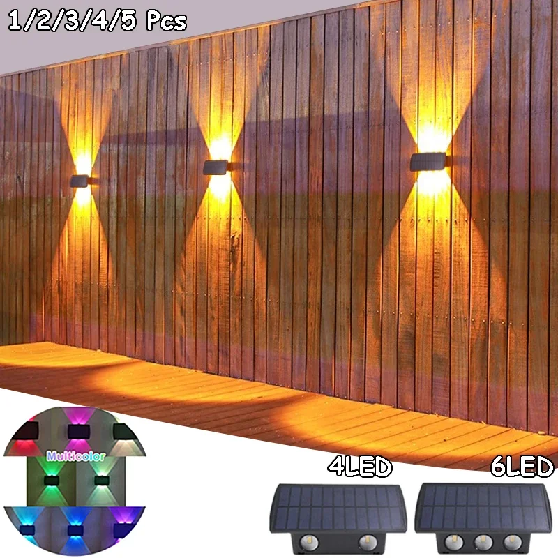 1-5 Pcs Solar LED Wall Light Outdoor Waterproof Up and Down Lights 4/6 LED Fence Lighting for Wall Balcony Courtyard Garden