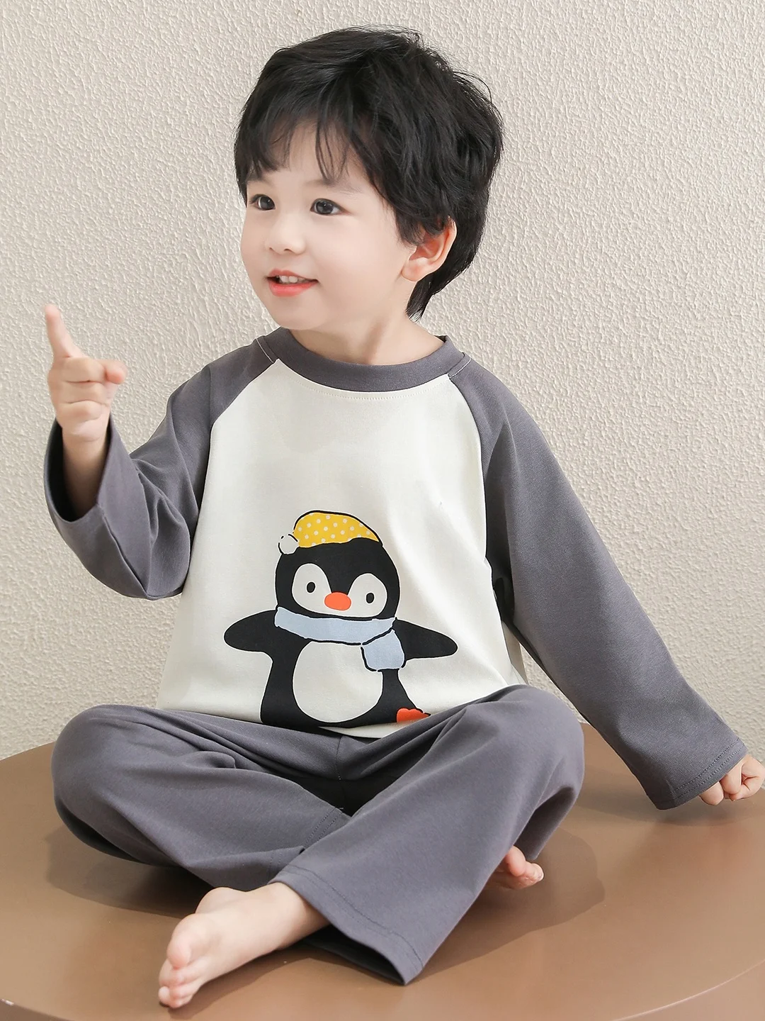 소년용 면 잠옷 펭귄 에어컨 슈트 홈웨어 봄 가을 신상 옷 동 홈슈트