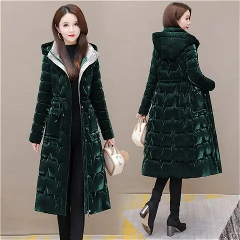 Thick Women's Windproof Long Mother's Down Cotton Coat Women's 2023 Winter Fashion Warm Slim Waist Wrapped Parka Hooded Lace-Up