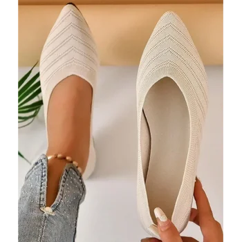 New 2024 Pointed Toe Flat Office Boat Solid Color Knitted Slip on Shoes Casual Ballet Flats Shoes Women Loafers Zapatos De Mujer 1