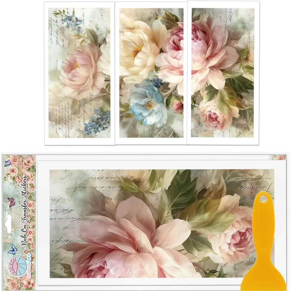 3장 빈티지 모란 컬러풀 루브온 트랜스퍼 11.8x5.9인치 꽃무늬 데칼 스티커 침실 책상 테이블 장