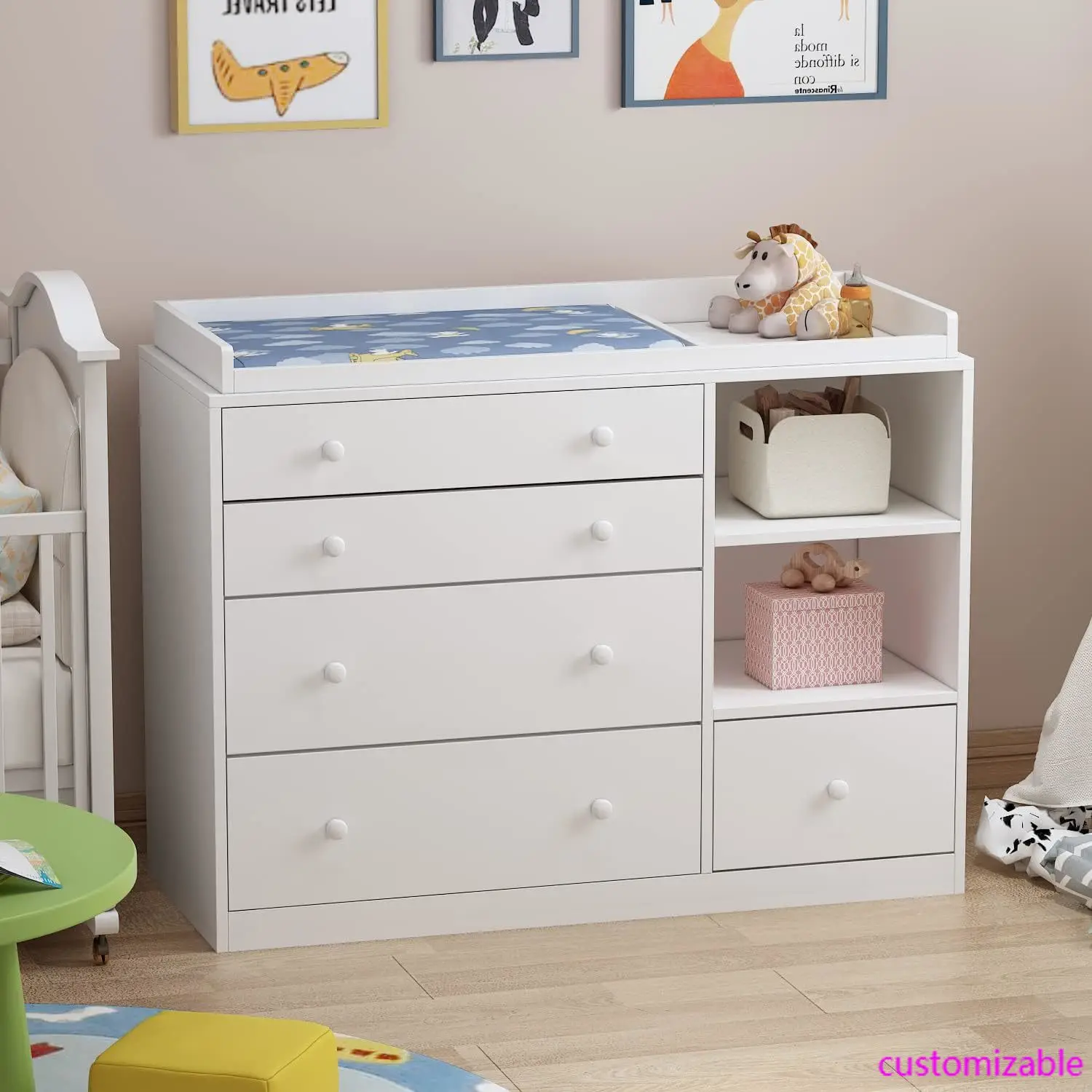 White Nursery Dresser with 5 Drawers & Shelves, Baby Storage Organizer, Easy Assembly (47.6" W)