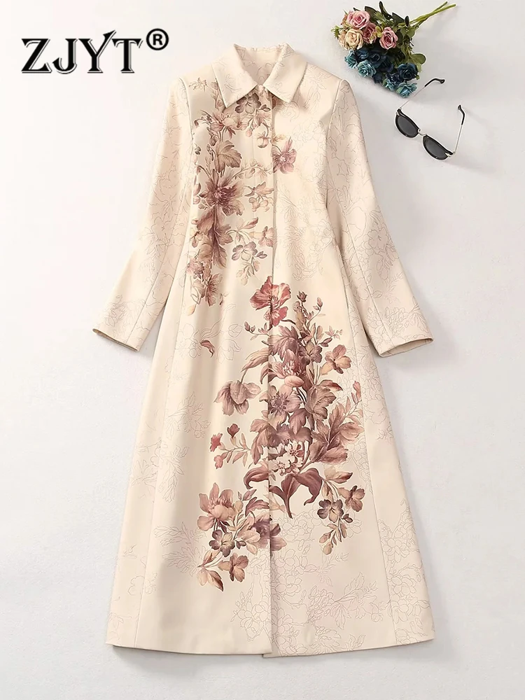 

ZJYT Autumn Winter Floral Print Long Trench Coat for Women 2023 New Single Breasted Elegant Windbreaker Jacket Female Outerwear