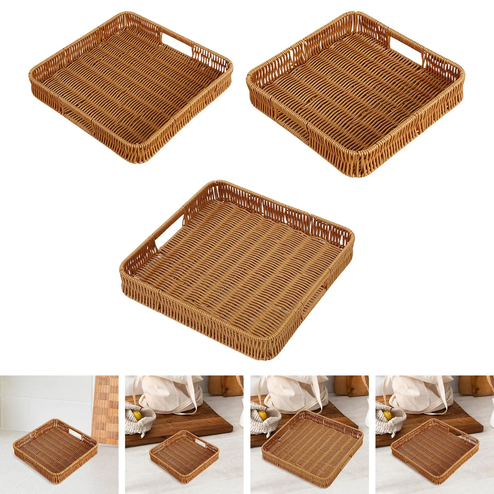 Imitation Rattan Bread Basket Woven Basket Rustic Snack Bread Trays Square Serving Basket Serving Tray for Drinks Vegetables 3
