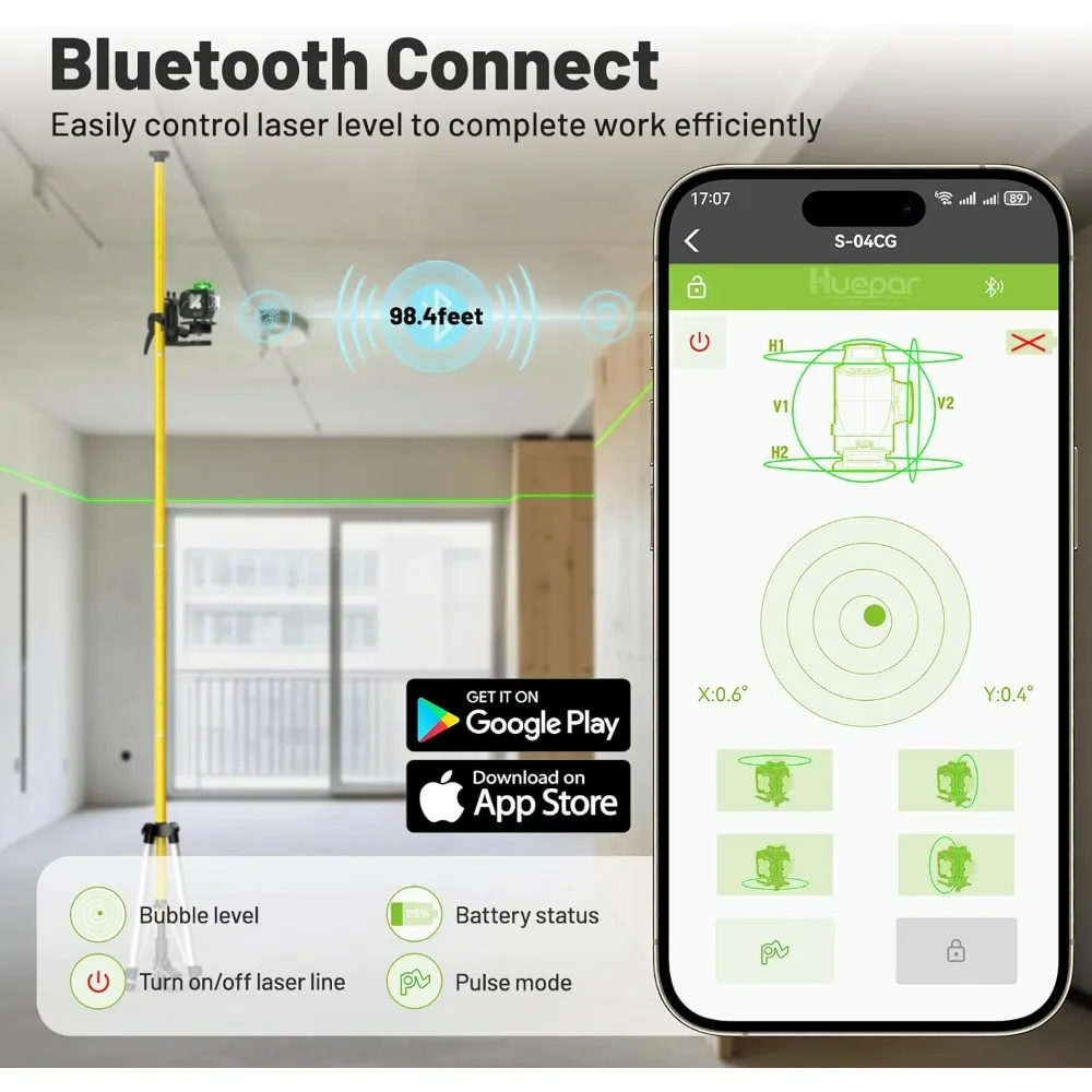 360° Self-Leveling Green 4D Cross Line Laser Level with LCD Display, Bluetooth Outdoor Pulse Mode Feature