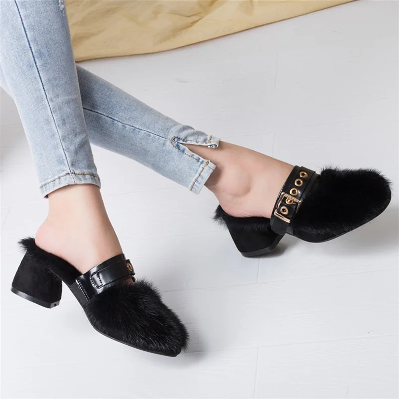 Fur Slippers Thick Sole Thick Heel Mink Fur Non-Slip Slippers Flip-Flops Women's Sandals Women's Fashion Soft Sole Lndoor Slides