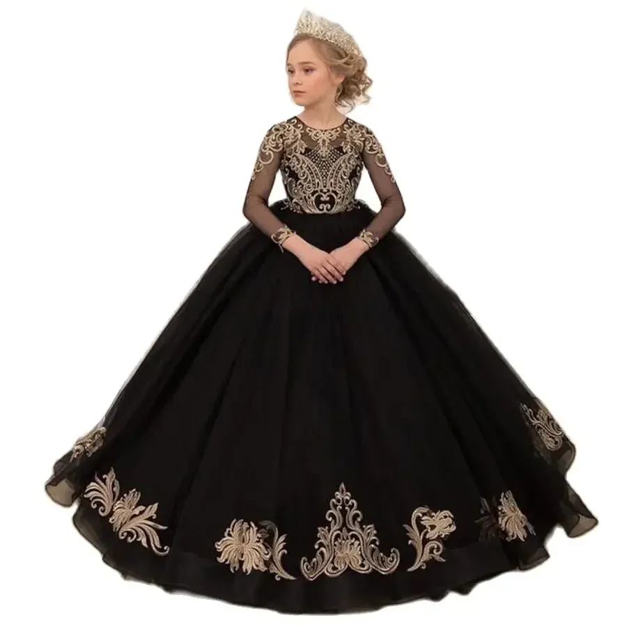 

Black Long Flower Girl Dresses O Neck Appliques Party Wedding Ball Gowns Full Sleeves Tulle Child Birthday Pageant Robe