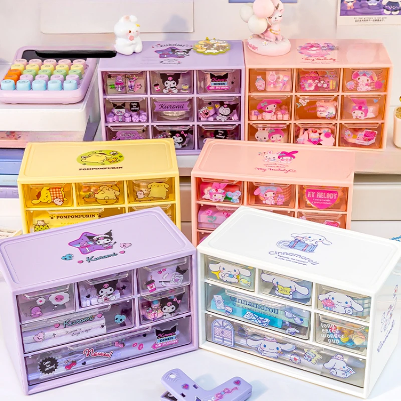 Sanrio 6 Grid Storage Box Desktop Drawer-type Transparent Organizing Box Desk Pen Holder Send Kuromi Melody Cinnamoroll Stickers desktop storage box