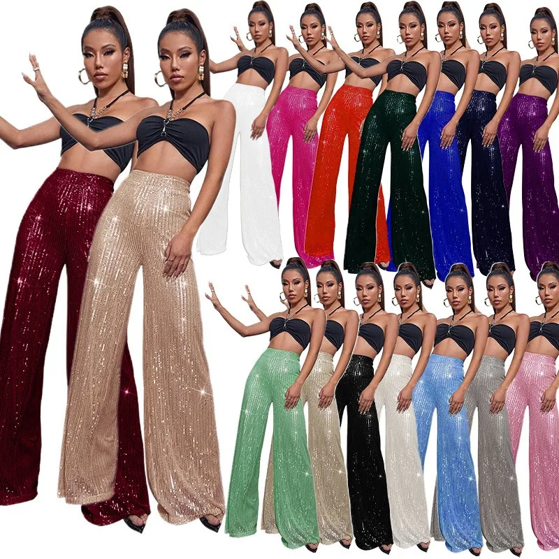 Women's Sequins Loose Casual Pants Solid Elastic High Waist Stretch Trends Versatile Wide Leg Trousers Club Party Streetwear