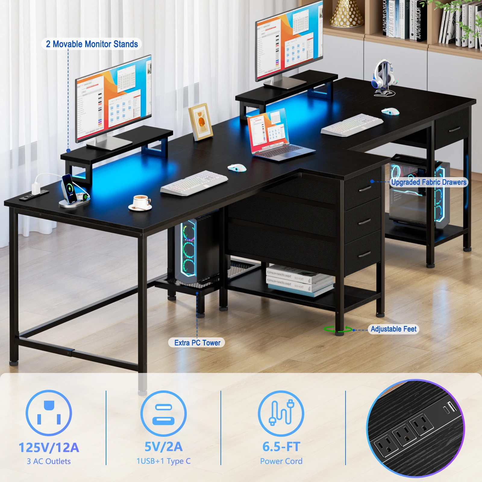 Satifur 93 inch 2-person Office Desk with Power Sockets and LED Lights,61in Computer Desk,Home Work Desk,Monitor Stands, Drawers 4