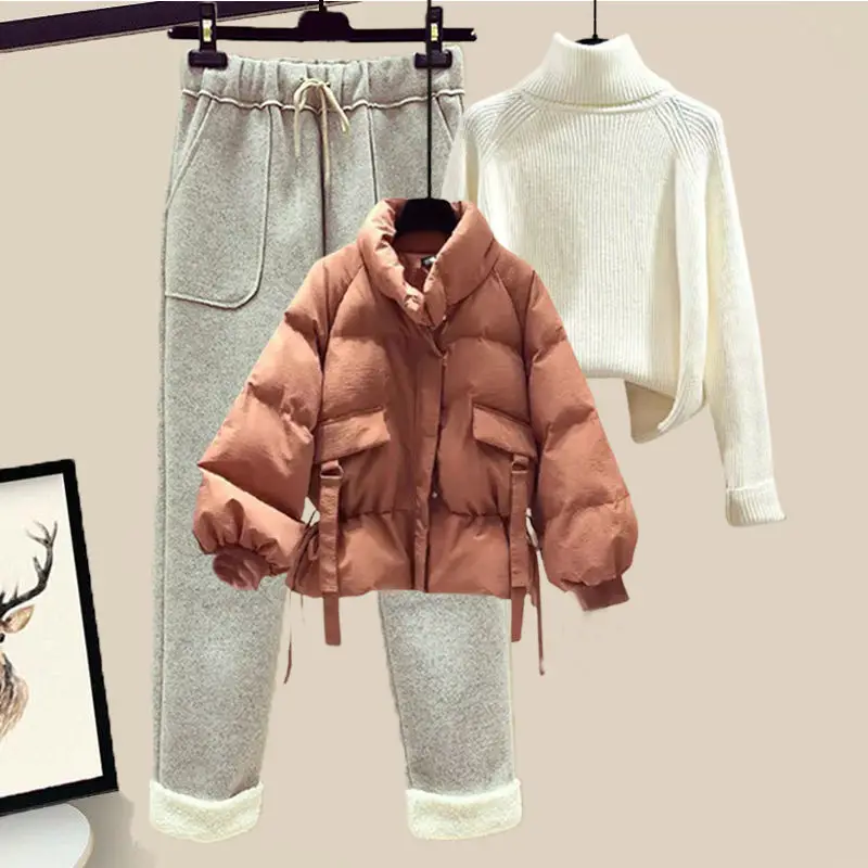 Fashion Women\'s Suit Autumn and Winter 2022 Short Down Cotton Coat Sweater Woolen Casual Pants Fashion Suit Three Piece Suit