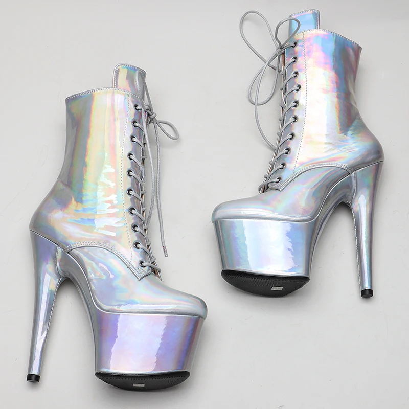 Leecabe Silver holo 17CM/7inches Pole dancing shoes High Heel platform Boots Pole Dance boot