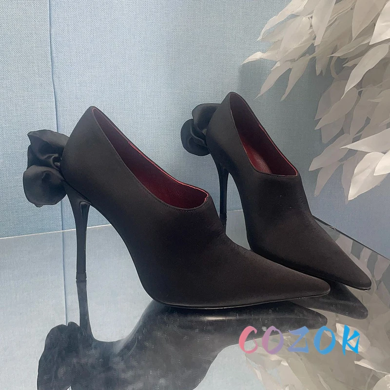 Sexy Black Pointed Toe Flower Decoration High Heels Summer Women's Large Size Dress Shoes Formal Lady Banquet Shoes 5