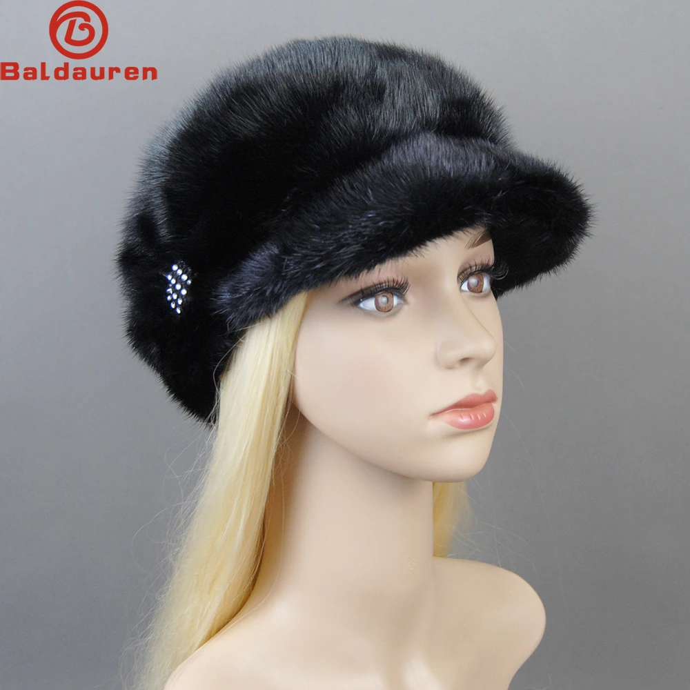 

New Luxurious Ladies Fashion 100% Natural Mink Fur Visors Caps Winter Women Warm Outdoor Mink Fur Cap Full Pelt Female Fur Hats