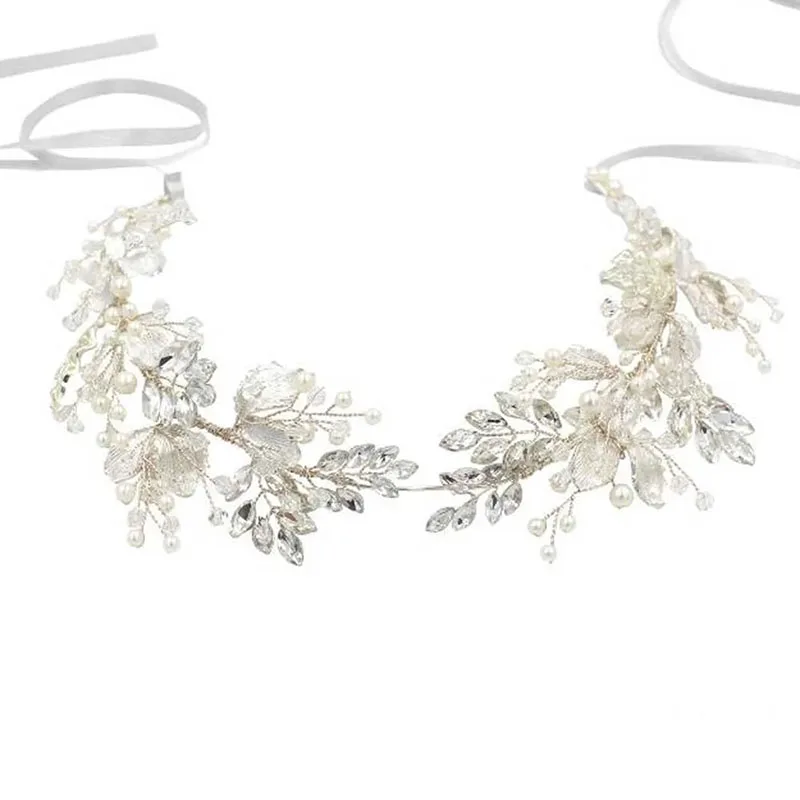 Floralbride Handmade Rhinestones Crystal Pearls Flower Bridal Tiara Headband Bridal Hair Vine Women Jewelry Hair Accessories