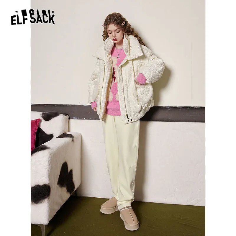 ELFSACK White Heart Pocket Warm Down Coats Women 2023 Winter Loose Mid-length Casual Outwears