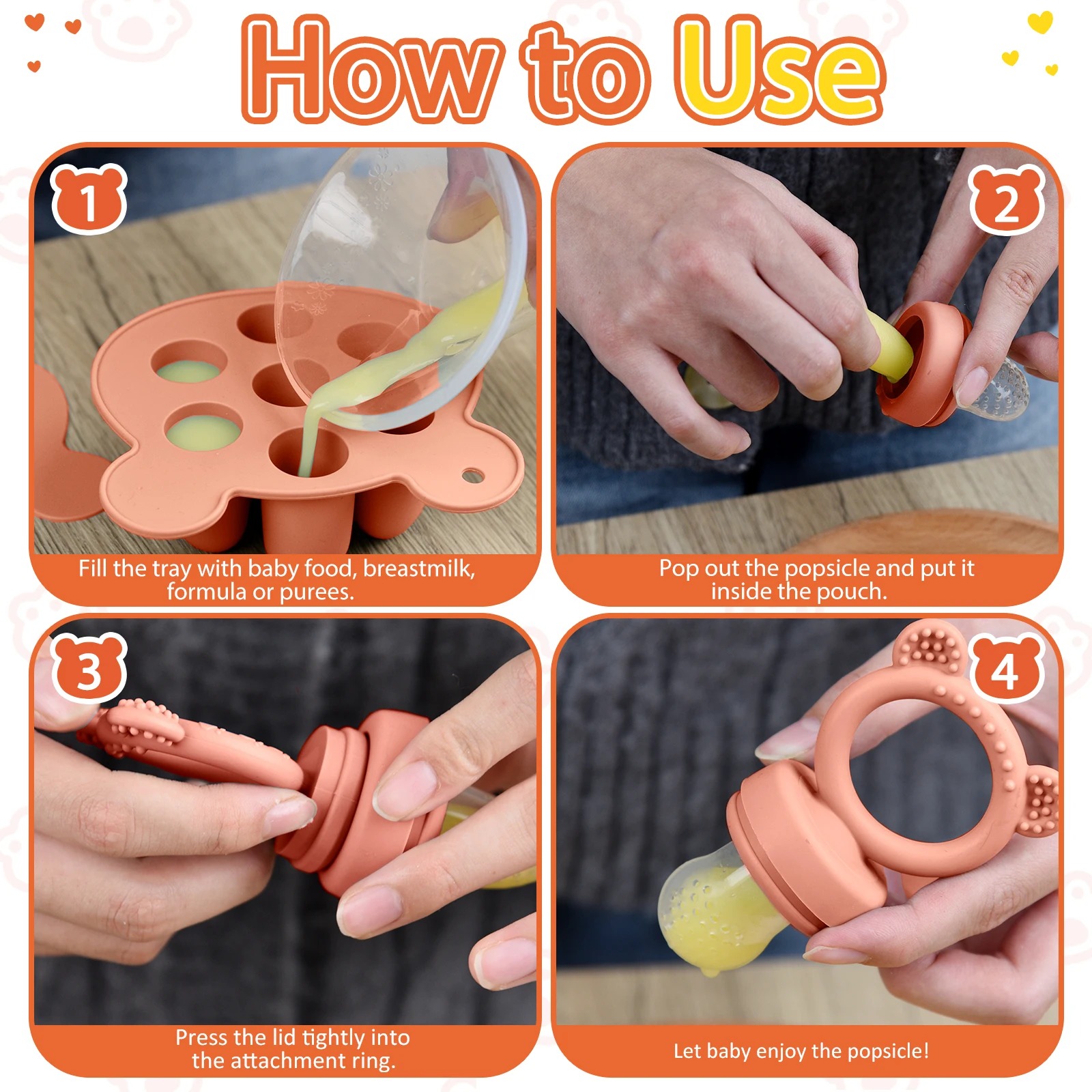 Baby Teething Relief Toy with Tray Replacement Pacifiers Breast Milk Ice Pop Molds Silicone Baby Fruit Feeder BPA-Free - 4
