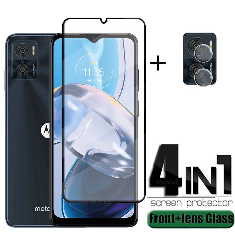 

4-in-1 For Moto E22 Glass For Motorola Moto E22 Tempered Glass Full Glue Cover 9H Screen Protector For Moto E22i E22 Lens Glass
