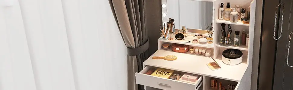 Description Picture 2 of itemVanity Desk with Mirror & Light, Large Drawer & Three Level Storage Dresser, 3 Lighting Modes Adjustable Brightness,