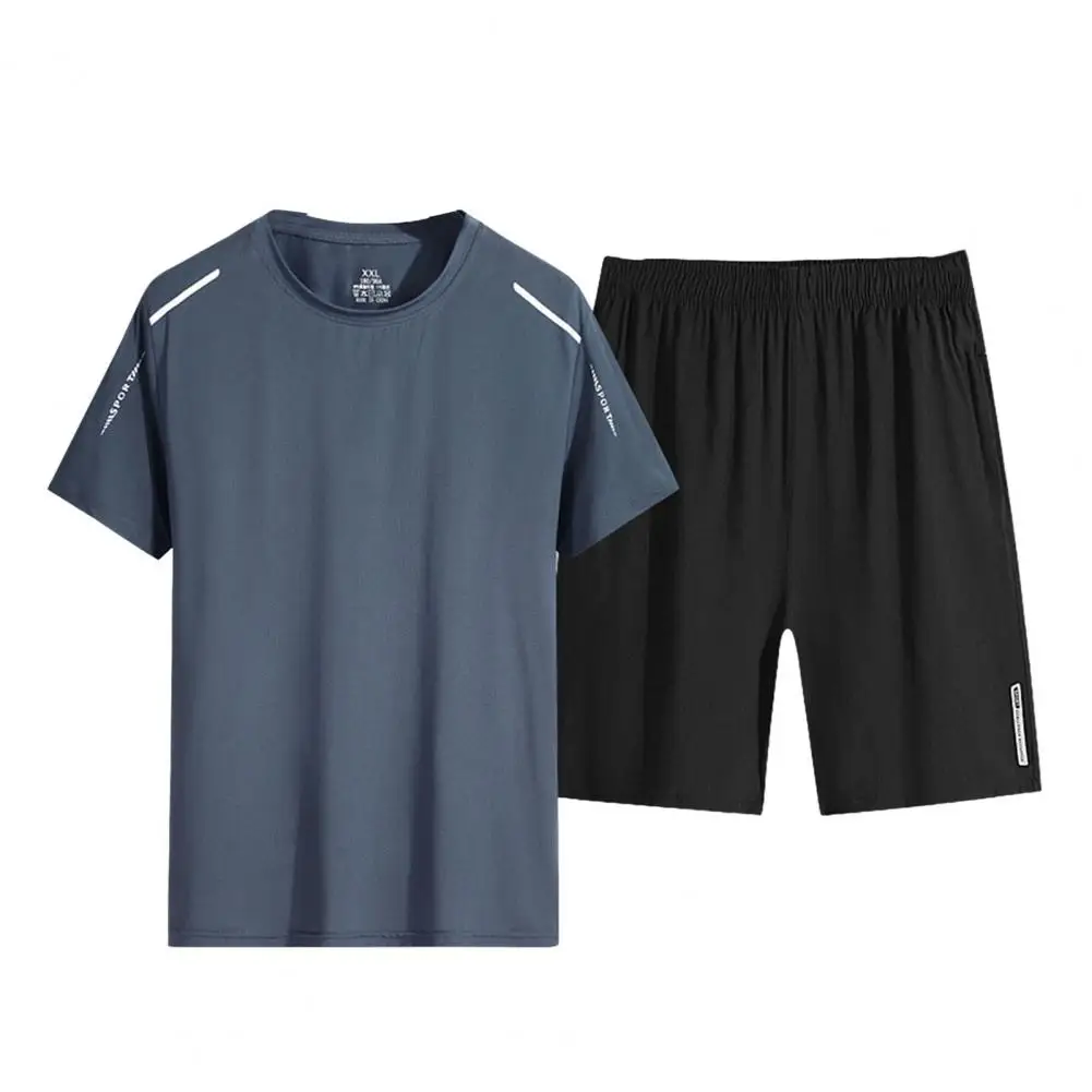 

1 Set Men Tracksuit Summer O Neck Short Sleeves T-shirt Shorts Set Solid Color Breathable Pullover Two-piece Set Men Clothing