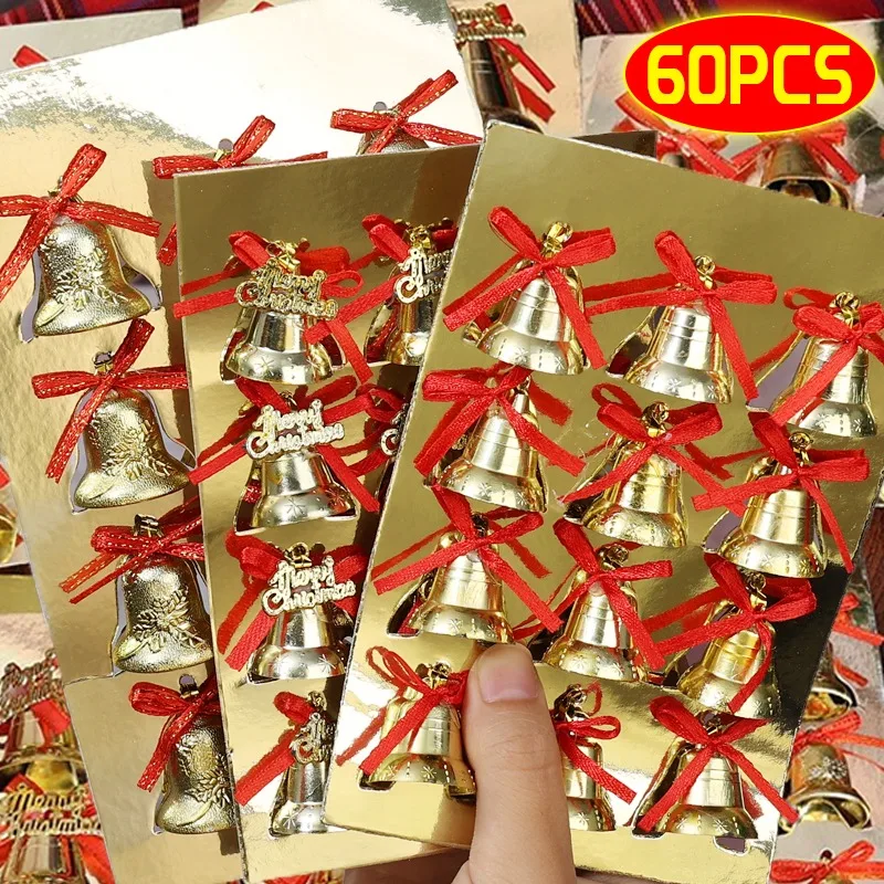 Christmas Decorations Jingle Bells Christmas Bell 6/60pcs Christmas Bow Gold Bells Xmas Tree Hanging Gold Bells Ornament DIY Crafts Home Xmas New Year Gift Decoration Supplies