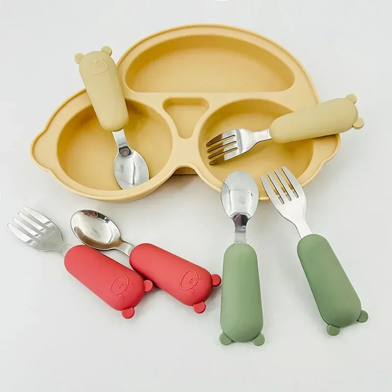 Baby Gadgets Tableware Set Children Utensil Stainless Steel Toddler Dinnerware Cutlery Cartoon Infant Food Feeding Spoon Fork