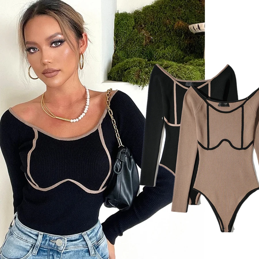 Dave&Di Ins Blogger Fashion Bodysuits Women France Style Vintage Patchwork Sheath Knitted Off Shoulder Sexy Tops sexy women cut out t shirts bodycon off shoulder tight crop tops bandage hollow out long sleeve sheath streewear knitted tops