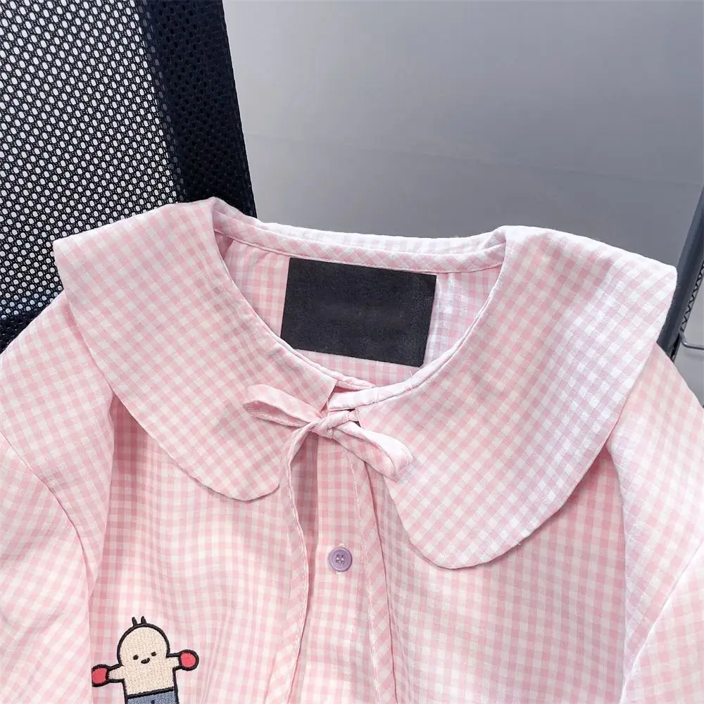 Plus Size 5XL 150KG Summer Plaid Shirt Lace Peter Pan Collar Large Women Top Women Short sleeve Embroidery Shirt Big Women Top