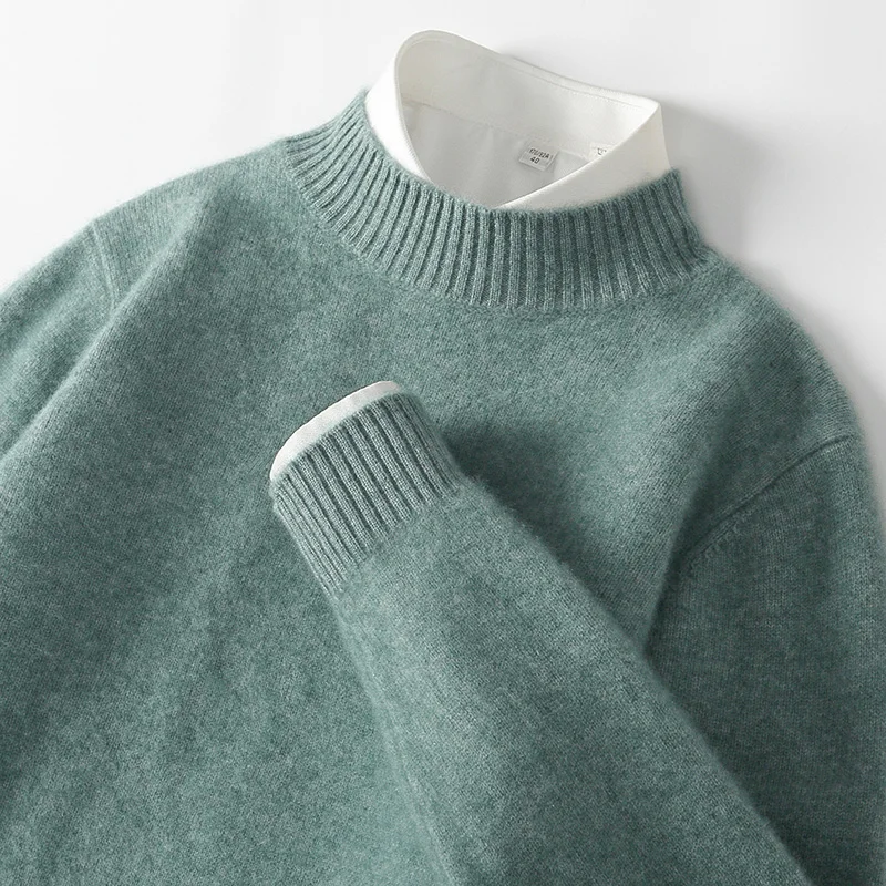 WOTEEWS 100% pure wool men's semi high neck sweater loose knit business casual men's long sleeved pullover sweater new product