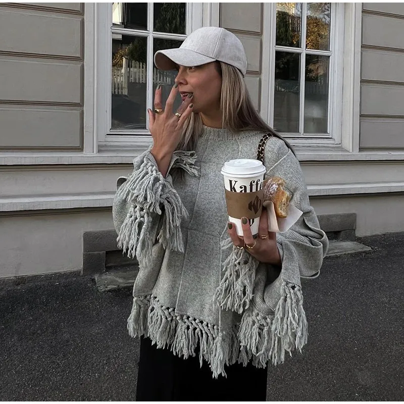 Vintage Solid Pleated Tassel Sweaters Women Casual Loose Knitted Pullover Sweater Female Autumn Chic Elegant High Street Tops