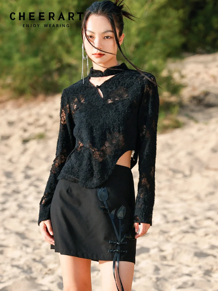 

CHEERART Vintage Hollow Out Knitted Lace Crop Top Long Sleeve Blouse Black Asymmetrical Top Spring Clothes Women 2023