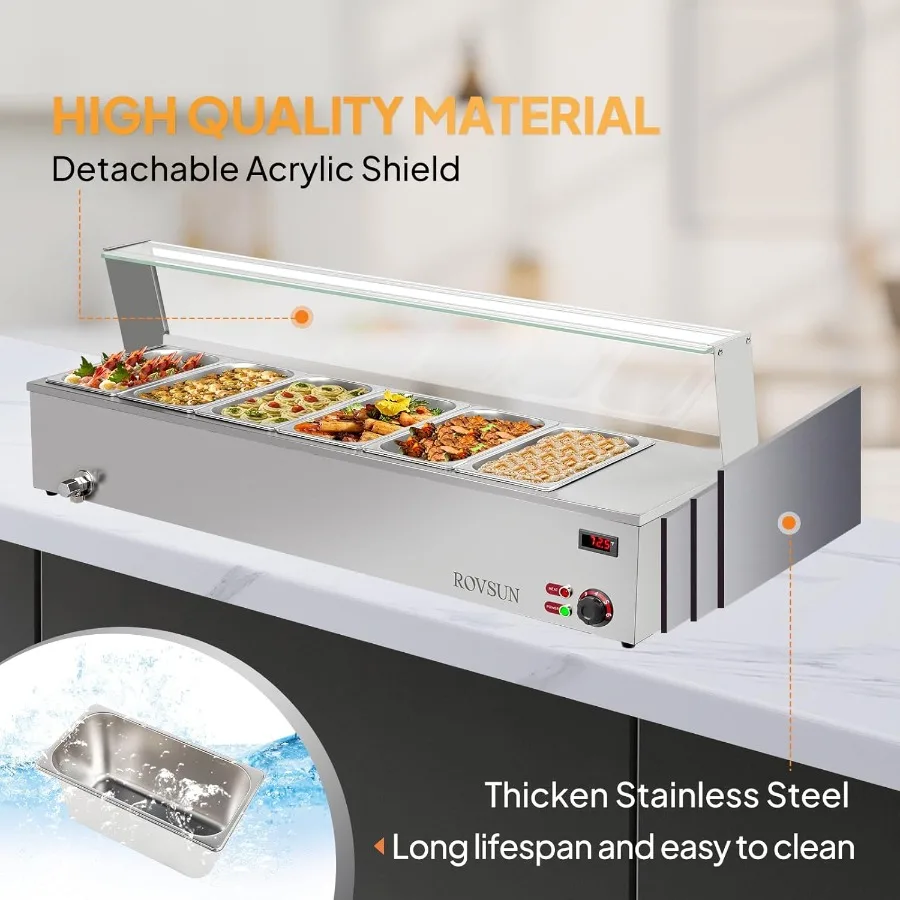 48QT 1500W Electric Commercial Food Warmer 6-Pan Steam Table 8QT/Pan Stainless Steel Bain Marie Countertop with Acrylic Shield
