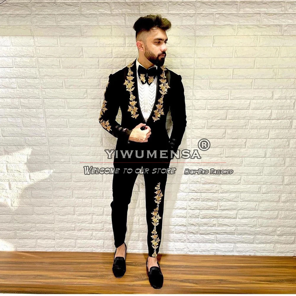 

Black Velvet Suits Men For Wedding Gold Appliques Jacket Pants 2 Pieces Groom Tuxedos Custom Made Banquet Business Blazer Sets