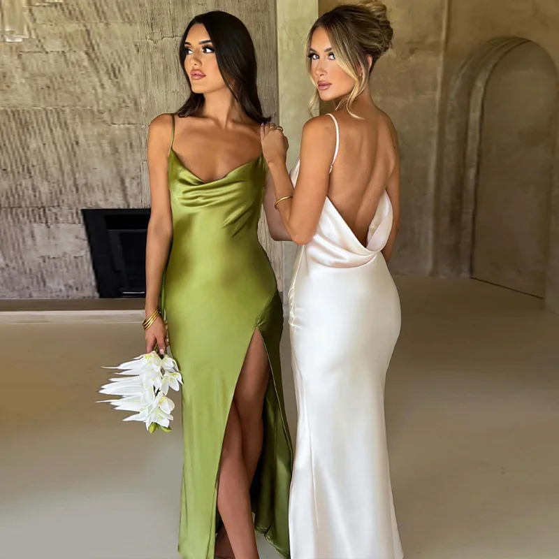 

Women's sexy satin new dinner dress women's sleeveless backless shoulder side sewing sexy elegant Maxi dress fashion dress