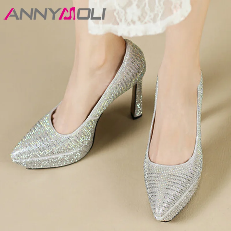 

ANNYMOLI Women Pumps Platform Thin High Heels Pointed Toe Glitter Crystal Sexy Party Wedding Spring Autumn Shoes Silver Black