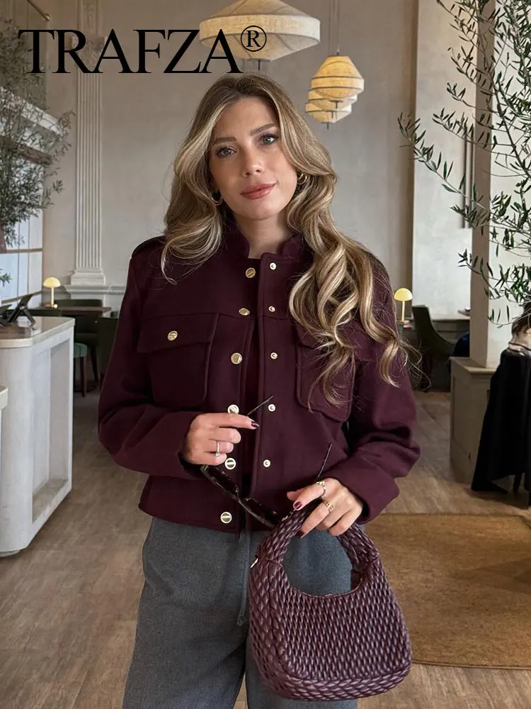 TRAFZA Women Vintage Wine Red Coat O Neck Long Sleeve Single Breasted Jacket With Pockets Autumn Casual Office Lady Outerwear 2