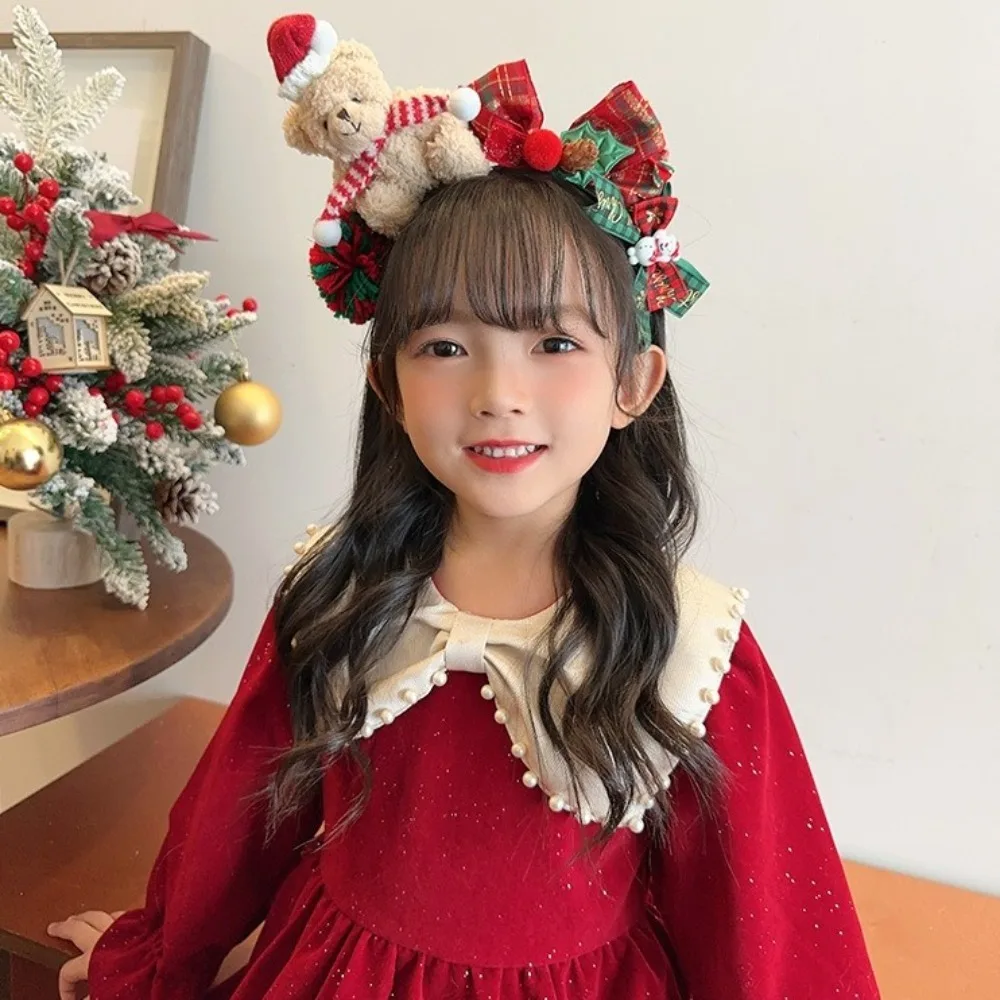 Cute Cartoon Christmas Headband Bear Fluffy Plush Children Headwear New Year Hair Clip Bow Hair Accessories Christmas Gifts