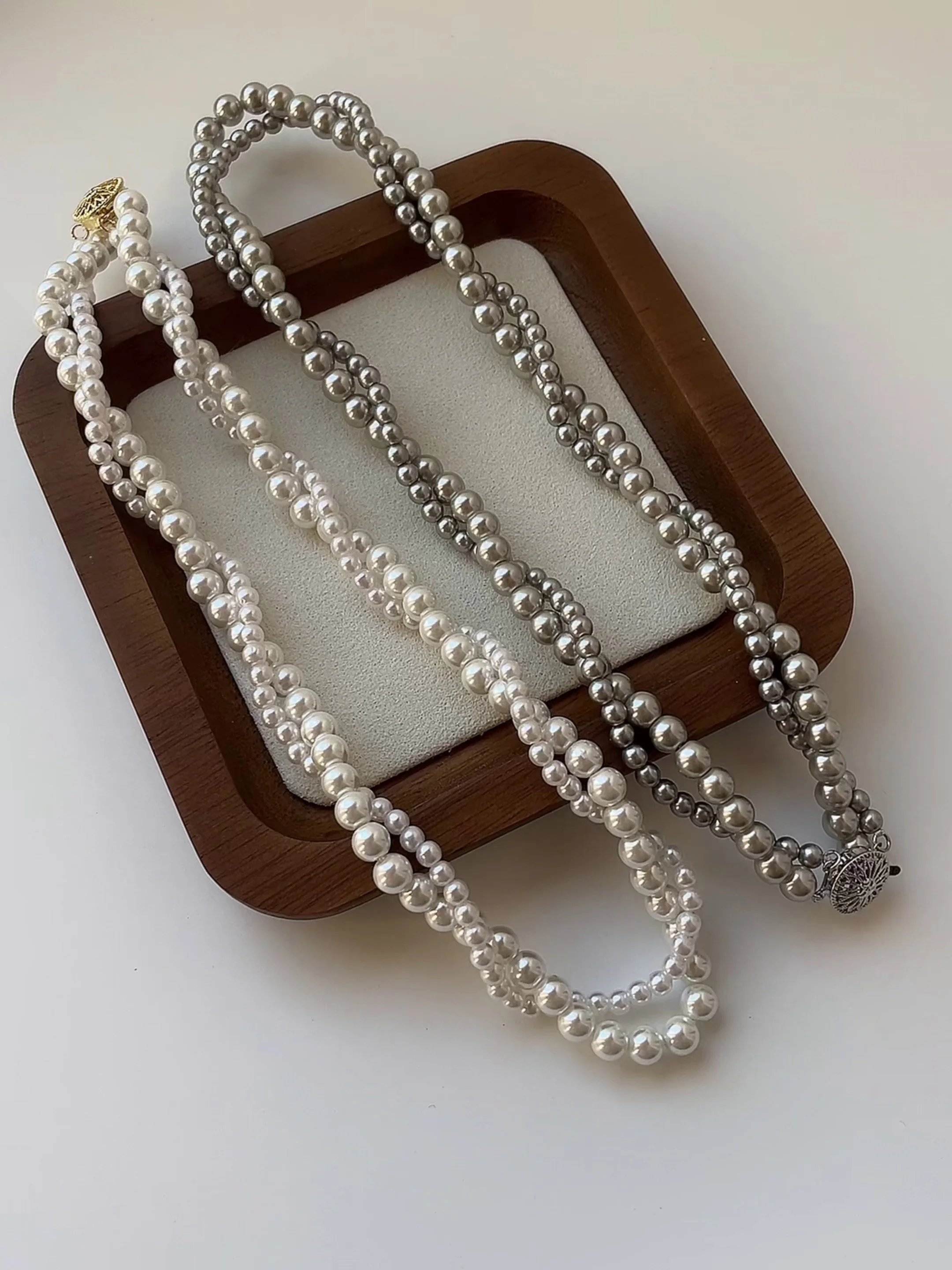 French elegant gentle double-layer winding pearl necklace round pendant sweater chain