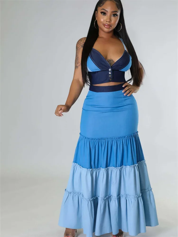 Wmstar Women Clothes  2 Piece Sets Summer Halter Crop Tops Clothing Long Skirt Dresses Sexy Outfits Wholesale Dropshipping