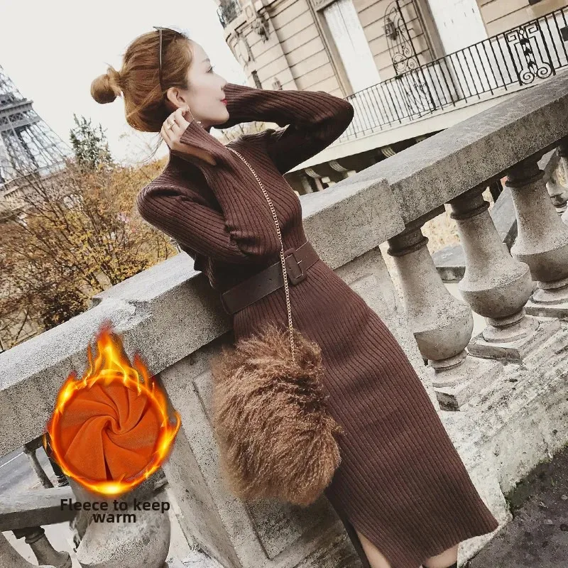 فستان نسائي طويل محبوك للخريف والشتاء بقلنسوة مبطن...