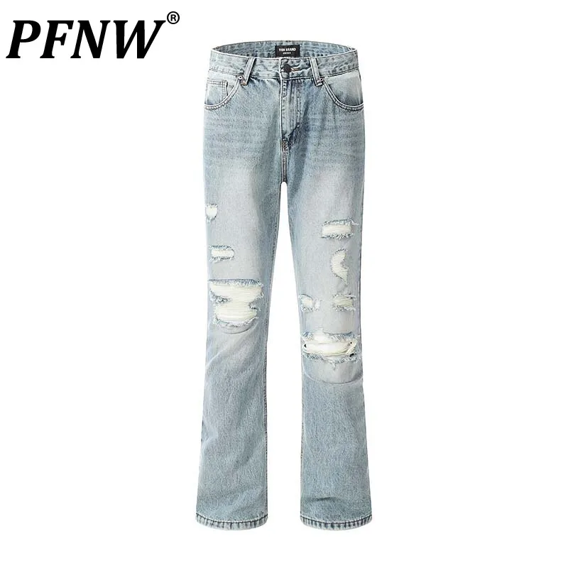 

PFNW High Street Men's Ripped Jeans Vintage Flared Male Denim Pants Washed Worn Out Trousers Casual 2024 Spring Chic New 28W2811