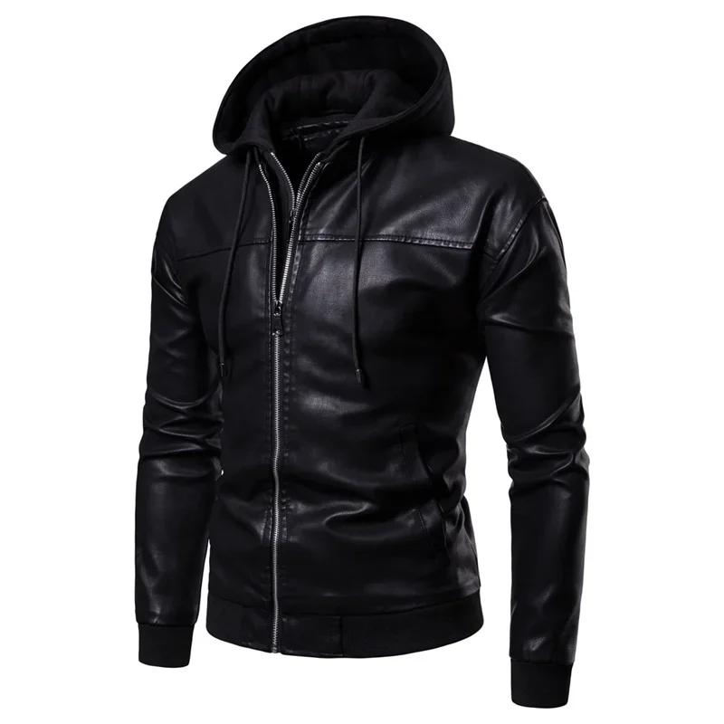 

New thin leather jacket men's hooded casual vacation two-piece artificial leather jacket fashion casual men's high-end PU jacket