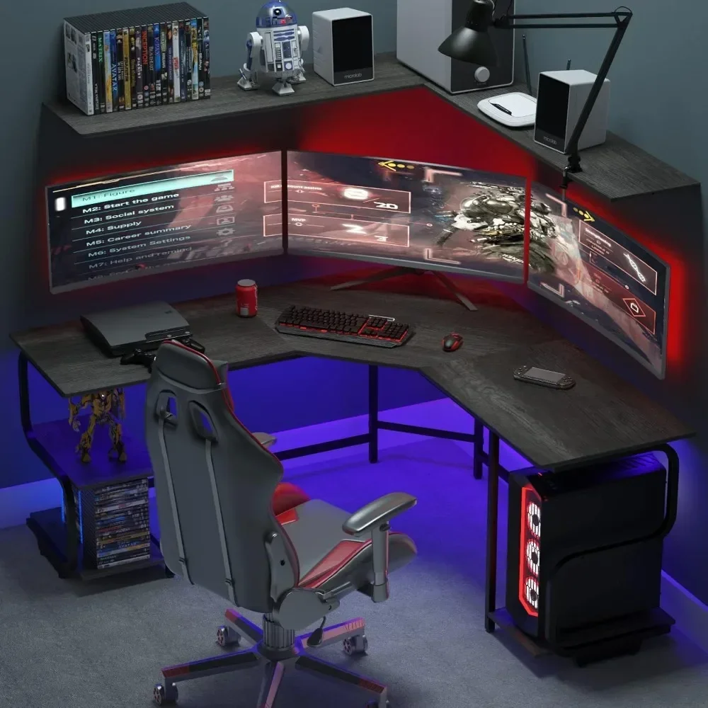 Modern L Shaped Desk with Shelves,64.84" Gaming Computer Desk for Home Office,Corner with Desktop (Black Oak+Black Frame