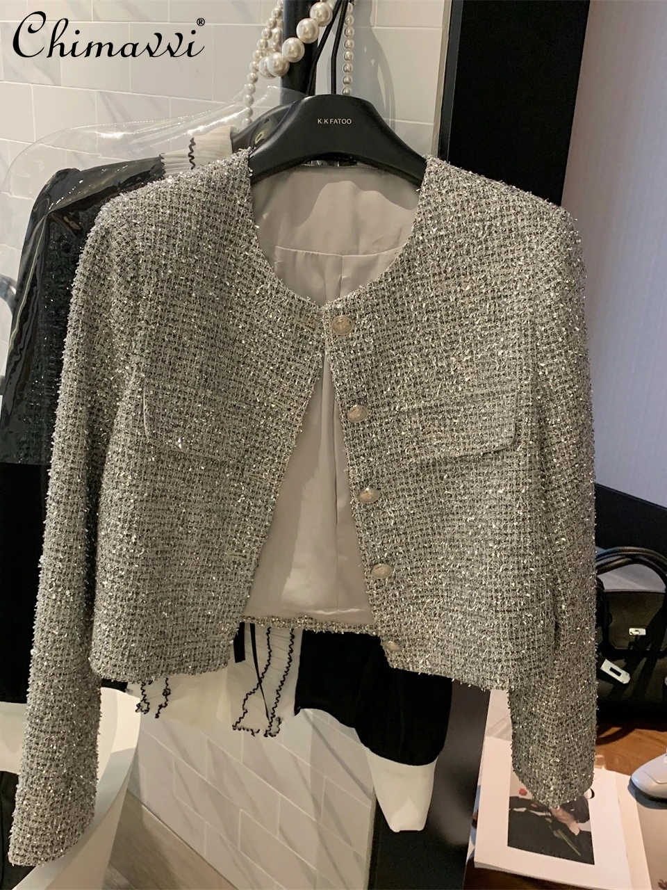 

OL Shining Silk Woven Tweed Short Coat 2024 Spring and Autumn New Fashion Round Neck Long Sleeve Loose-Fitting Jackets Top